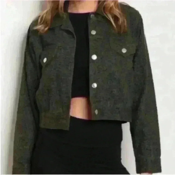 Evenuel olive green/black animal print denim jean jacket large Like New! - Picture 1 of 7